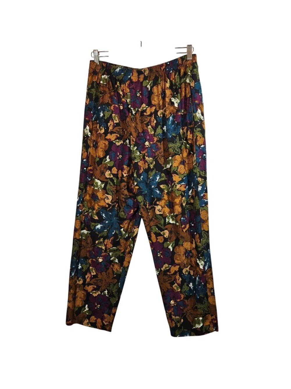 VTG Lerner Womens L Fall Floral Print Pants Rayon Multicolor Elastic Waist Flowy